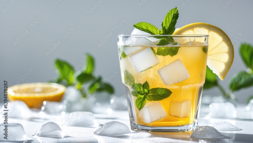White background featuring a closeup of a delicious cold ice tea with lemon White background featuring a closeup of a delicious cold ice tea with lemon
