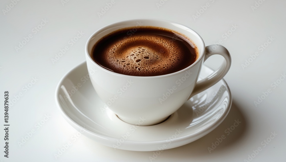 Obraz premium Coffee cup alongside saucer on a plain white background.