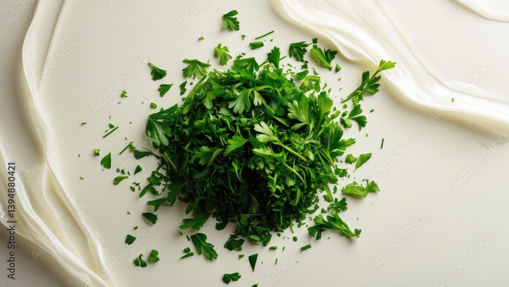 Freshly chopped green parsley leaves on a white background, overhead view. Freshly chopped green parsley leaves on a white background, overhead view.
