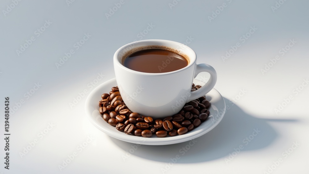 Fototapeta premium Beans and a coffee cup set against a white background