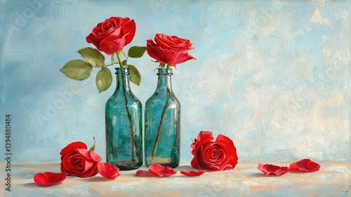 Sophisticated still life with blooming red roses in glass bottles, surrounded by velvet-like petals against a light blue background.