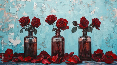 Sophisticated still life with blooming red roses in glass bottles, surrounded by velvet-like petals against a light blue background.