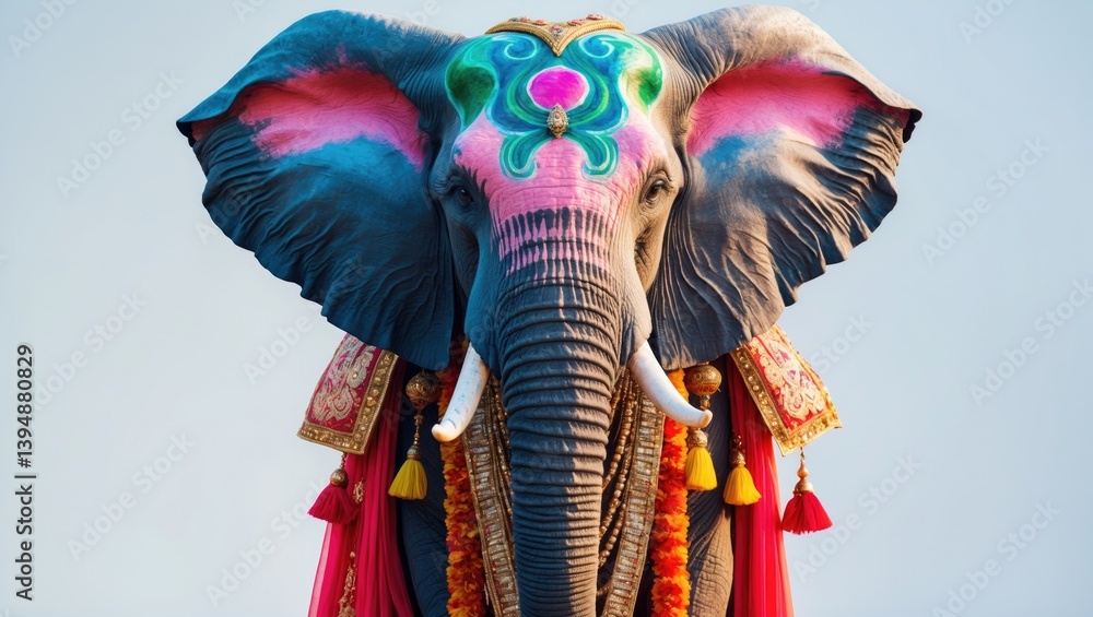 Naklejka premium Elephant with trunk raised, stunning and large isolated against a white backdrop. Vibrantly painted elephant head.