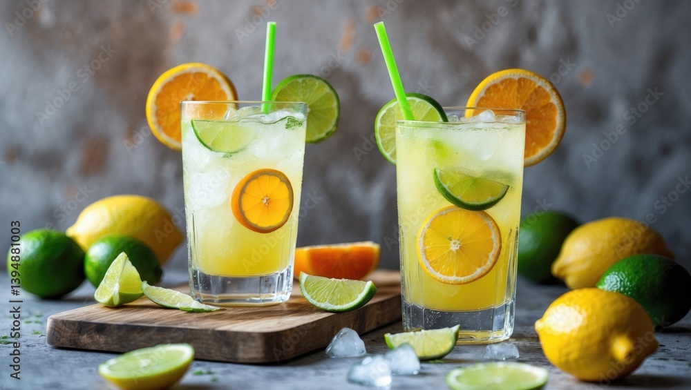 Fototapeta premium Beverage featuring orange, lemon, and lime in clear glasses on a concrete surface. Iced lemonade. Frontal perspective.