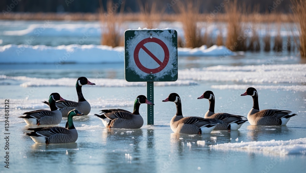 Fototapeta premium A sign alongside Ducks and Geese on a frozen lake.