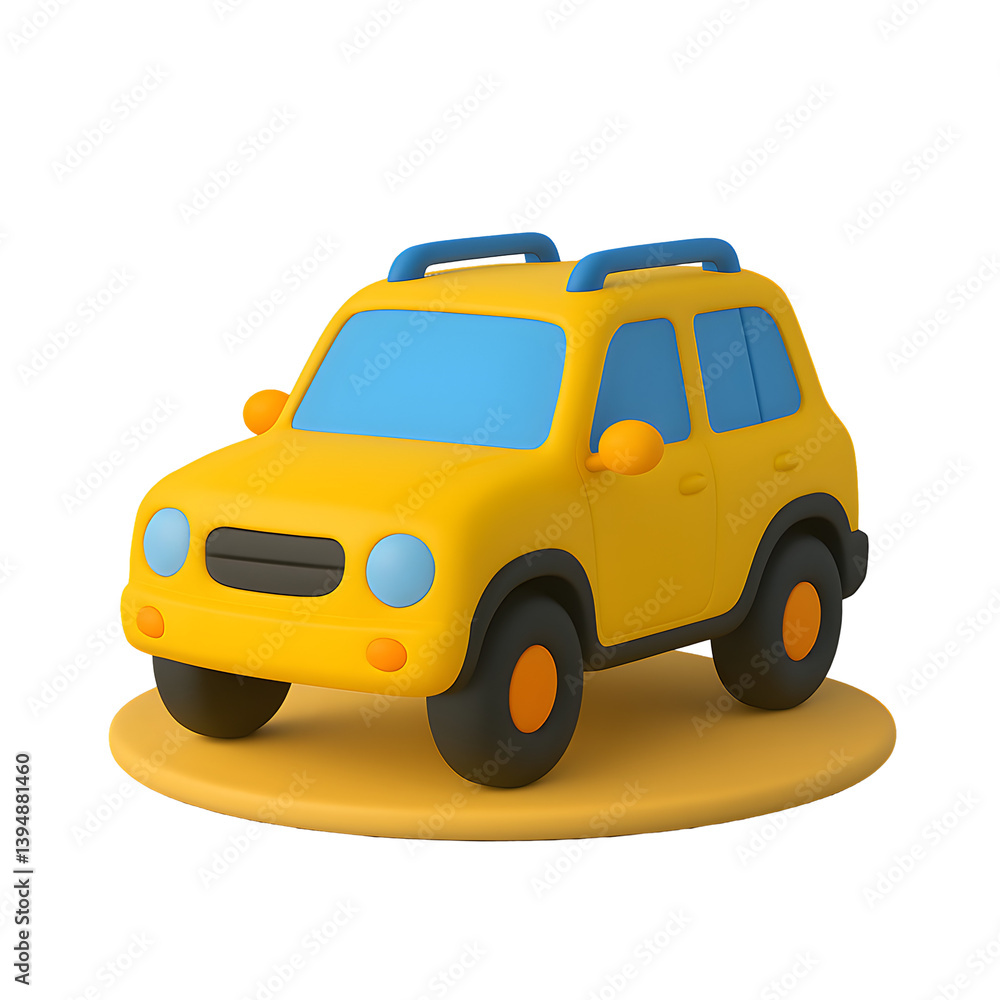 Naklejka premium 3D yellow SUV icon on circular display base with blue accents, great for car showcase, automotive branding, or business graphics on PNG transparency background. 