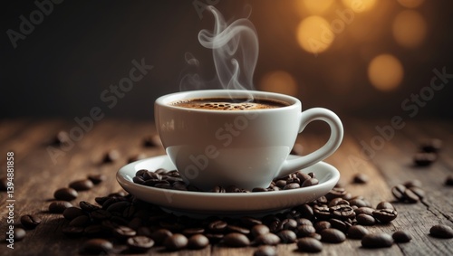 Coffee mug and plate on a wooden surface. Dark backdrop.