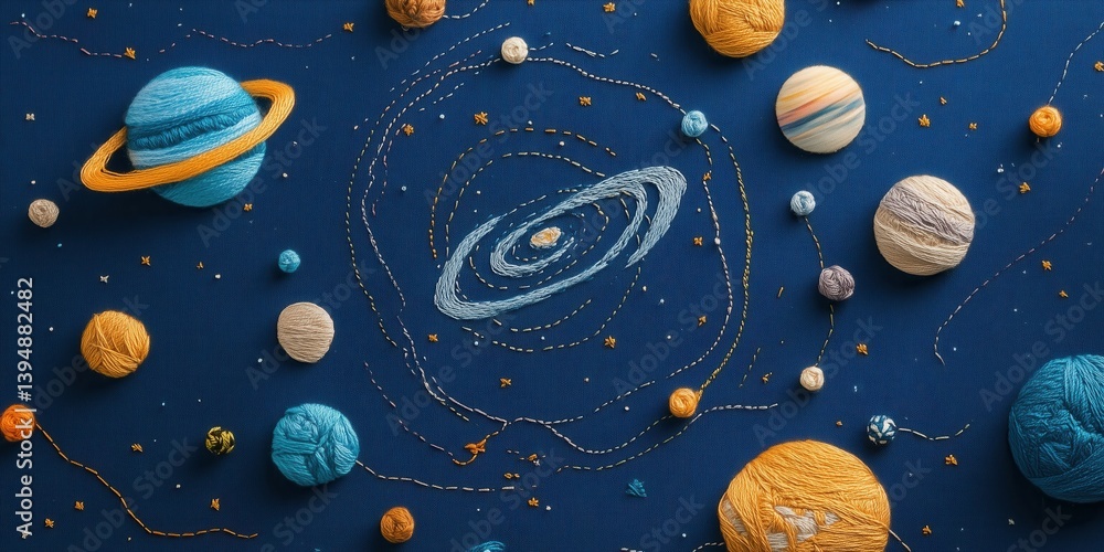 Fototapeta premium Detailed embroidery of stars and planets in space, using colorful threads, beads and French knots.
