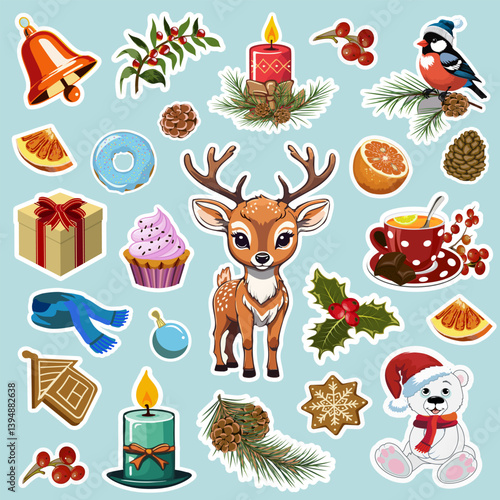 New Year's mood in a set of stickers.Vector illustration with collection of New Year stickers on blue background.