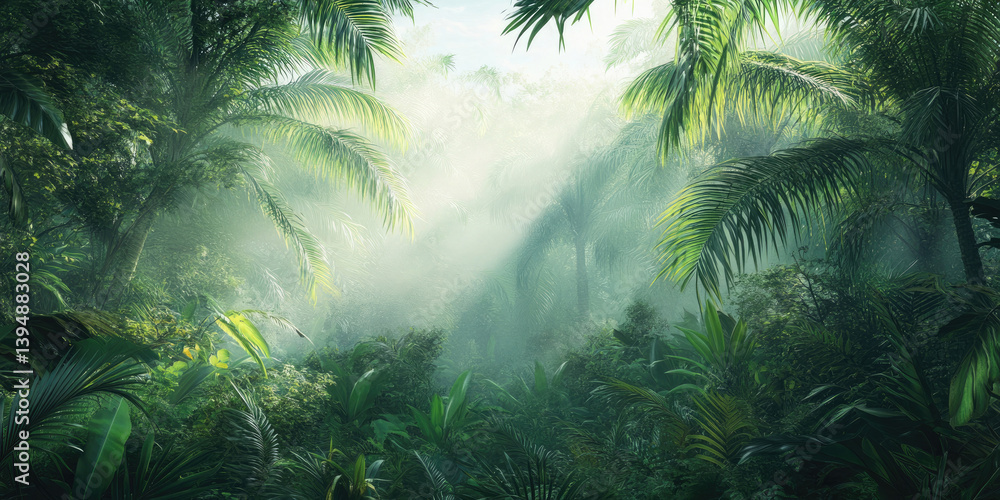 Lush Tropical Rainforest Canopy with Palm Trees and Mist-Shrouded Mountains. Lush Tropical Rainforest Canopy with Palm Trees and Mist-Shrouded Mountains.