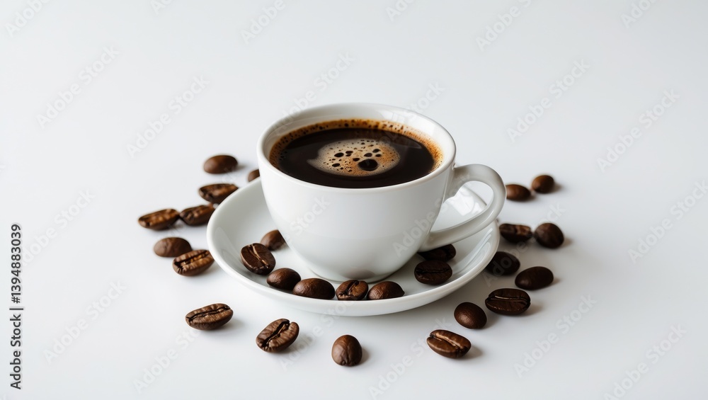Fototapeta premium A white background featuring a coffee cup and coffee beans.
