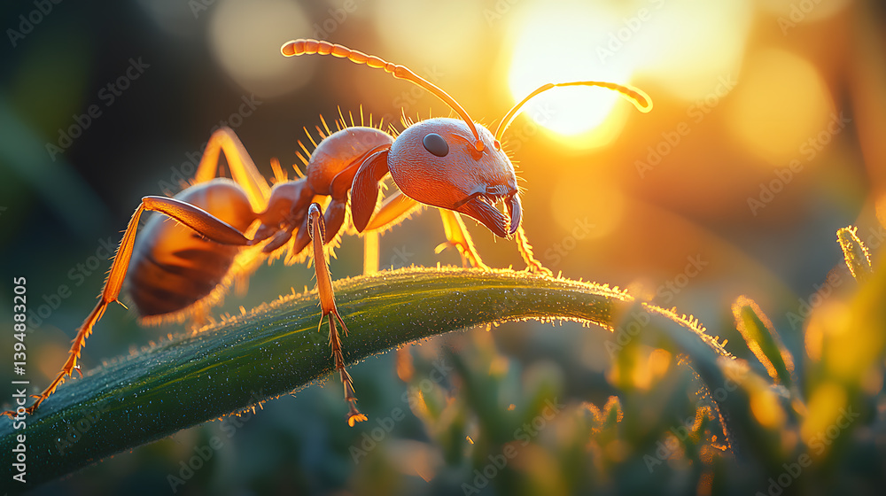 Detailed close-up photography of an ant climbing along a blade of grass, with its tiny legs and antennae illuminated in the soft morning light.