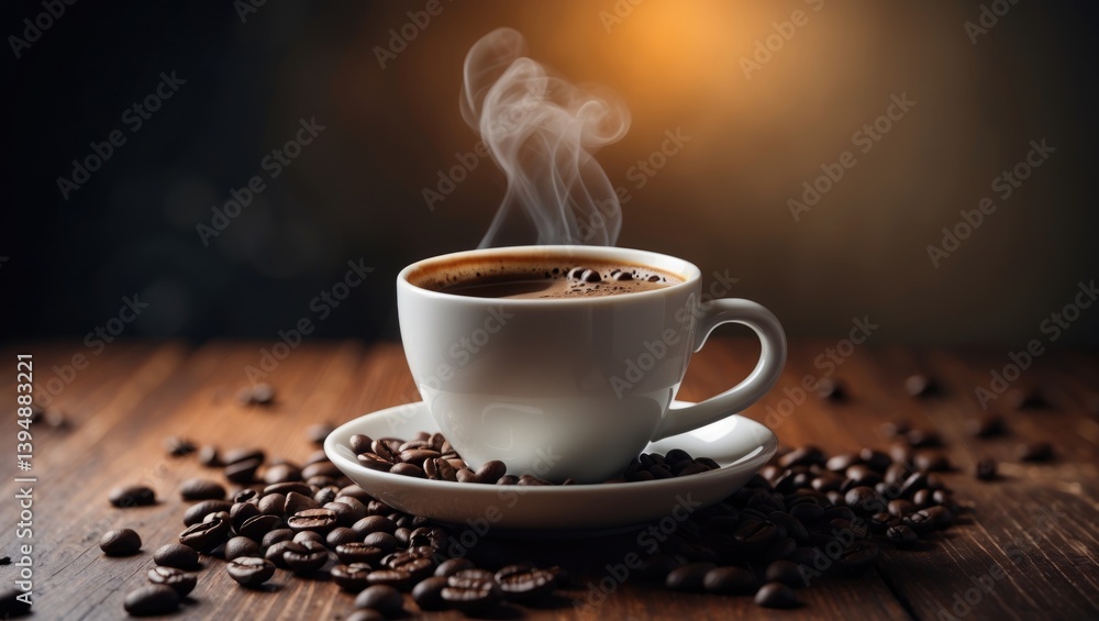 Dark background featuring a coffee cup and saucer on wood. Dark background featuring a coffee cup and saucer on wood.