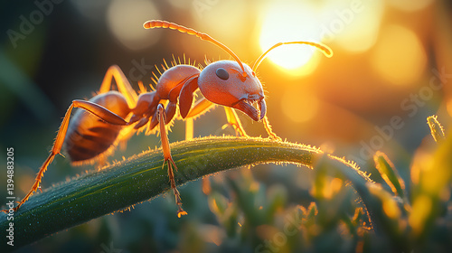 Obraz na płótnie Detailed close-up photography of an ant climbing along a blade of grass, with its tiny legs and antennae illuminated in the soft morning light. w salonie