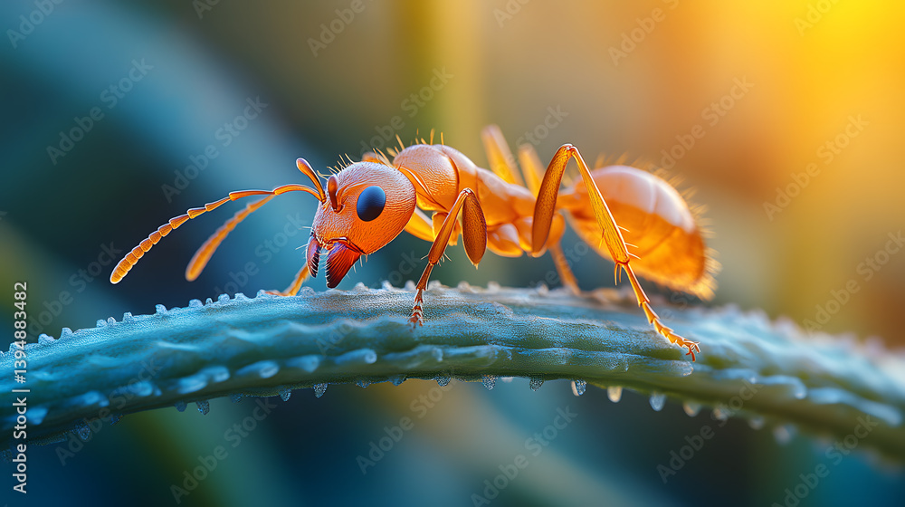 Detailed close-up photography of an ant climbing along a blade of grass, with its tiny legs and antennae illuminated in the soft morning light.