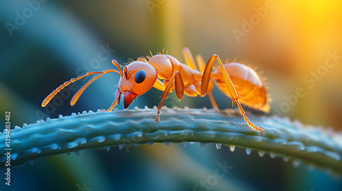 Obraz na płótnie Detailed close-up photography of an ant climbing along a blade of grass, with its tiny legs and antennae illuminated in the soft morning light. w salonie