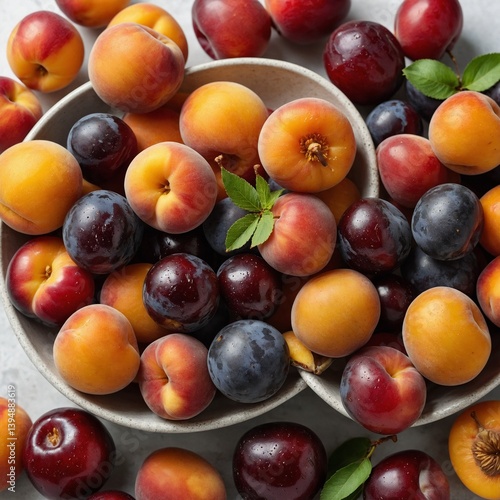 A bowl of mixed stone fruits including cherries, apricots, and nectarines on a white background.