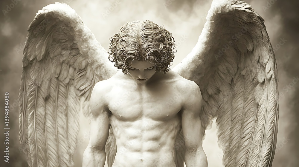A sculpted depiction of a sorrowful angel with large wings. A sculpted depiction of a sorrowful angel with large wings.