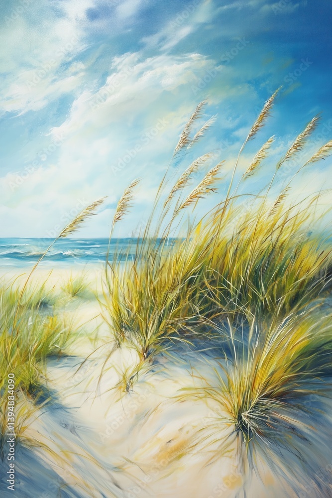 Vibrant green grasses growing on sandy dunes by the ocean.