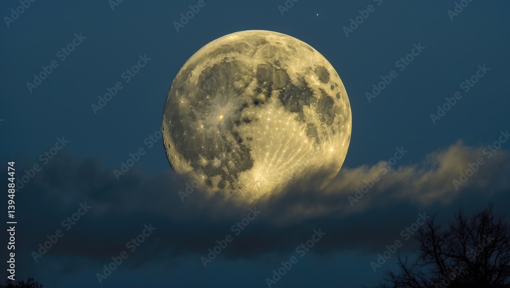 Fototapeta premium Yellow-tinged Harvest Moon shining through dark clouds in the nighttime sky