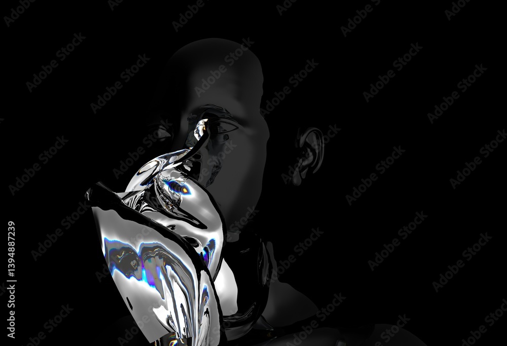 3D illustration showing a fluid, abstract form resembling a human head merging with a flowing, glossy substance against a dark background, creating a surreal and mysterious effect. 3D illustration showing a fluid, abstract form resembling a human head merging with a flowing, glossy substance against a dark background, creating a surreal and mysterious effect.
