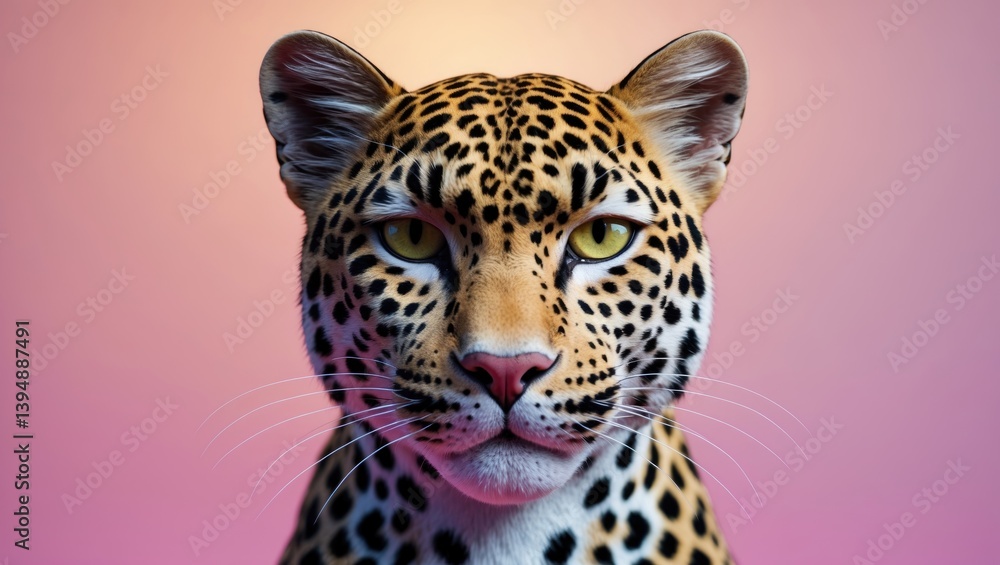 Obraz premium Leopard cat head shot, facing the camera, set on a pink background