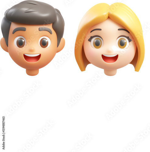 3D clay-style emoticons featuring a happy man and woman with different hairstyles and smiles on a transparent background
