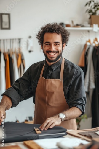 Obraz na płótnie Young tailor in their shop working on a garment with measuring tape around their neck and a gentle smile, in bright white modern interior. w salonie