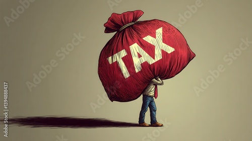 A person struggles under a large bag labeled 