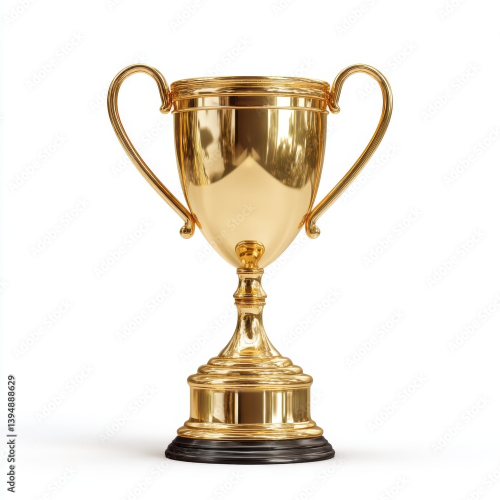 A gleaming golden trophy stands isolated on white background A gleaming golden trophy stands isolated on white background