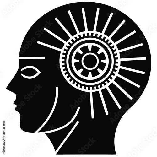 Artificial Intelligence Head Concept With Gears And Radiating Lines Symbolic Of The Inner Workings Of The Mind In Black And White