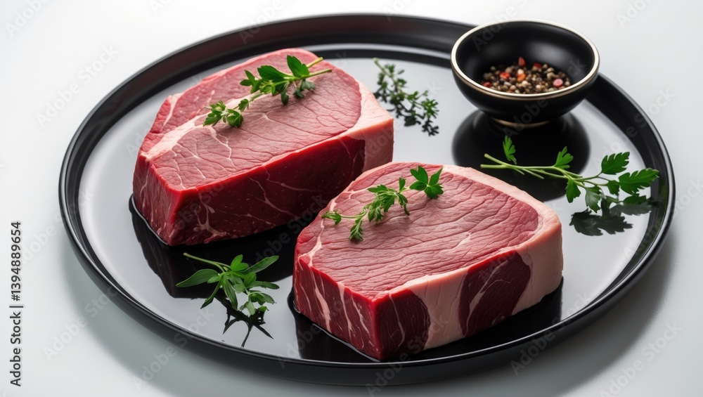 Isolated on white background, dry aged raw top blade flat iron beef steaks. Bird's eye view Isolated on white background, dry aged raw top blade flat iron beef steaks. Bird's eye view