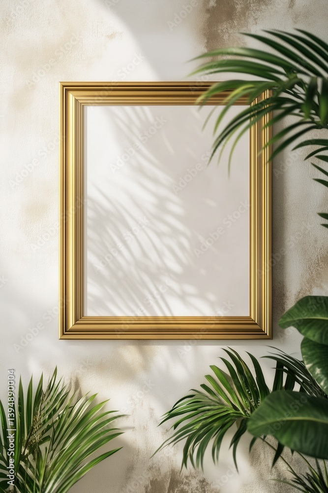 Interior design of living room with mock up photo frame on the shelf with beautiful plant. Elegant personal accessories.