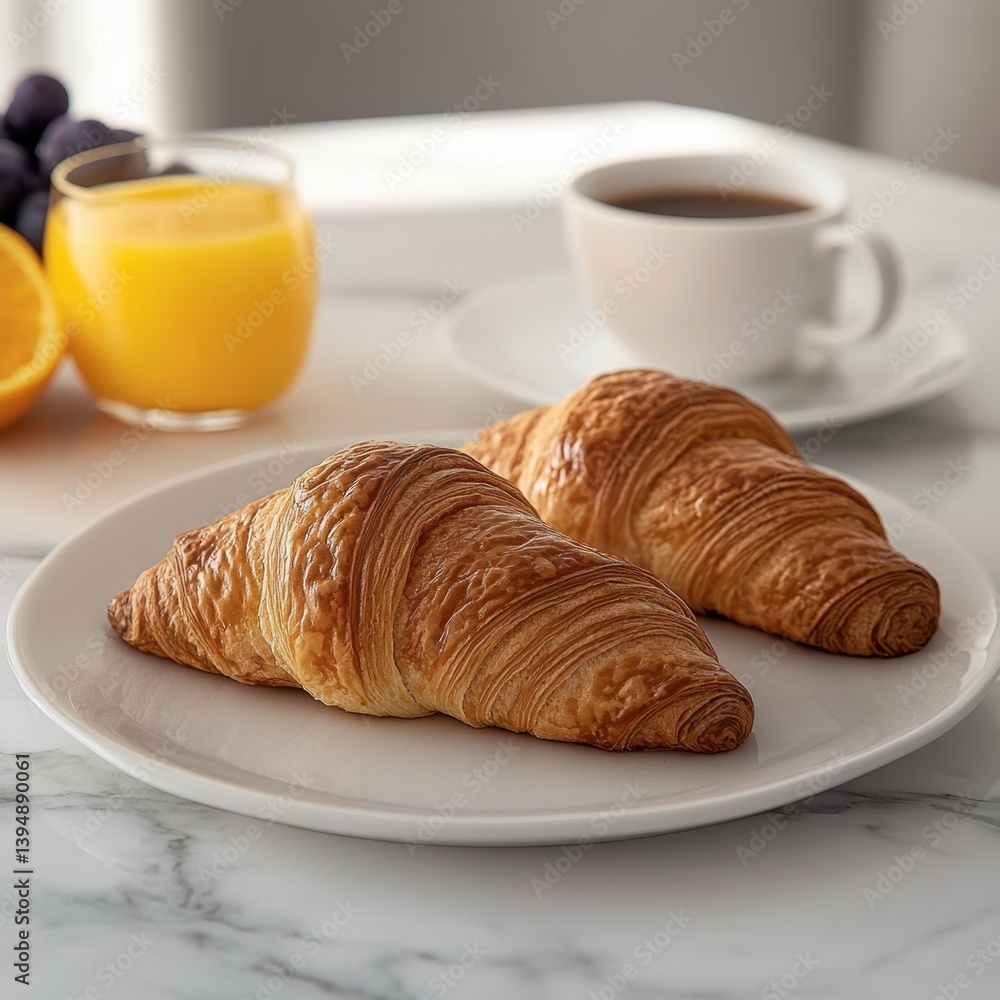Golden Croissants with Fresh Juice and Coffee on Marble Tabletop A Delightful Morning Still Life Golden Croissants with Fresh Juice and Coffee on Marble Tabletop A Delightful Morning Still Life