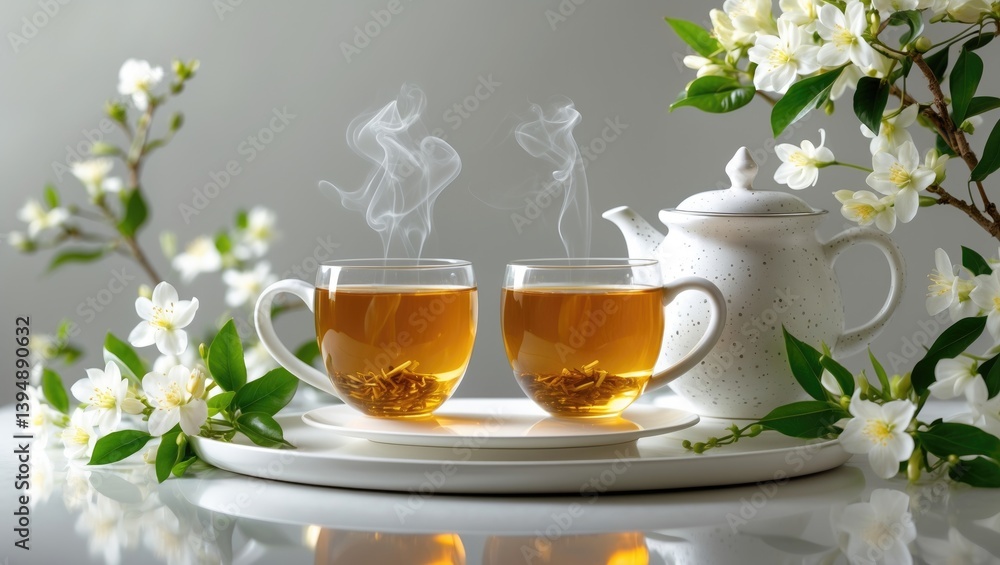 Organic herbal wellness drink featuring jasmine flower green tea in white mugs, accompanied by a teapot on a white table with flowering jasmine. Organic herbal wellness drink featuring jasmine flower green tea in white mugs, accompanied by a teapot on a white table with flowering jasmine.