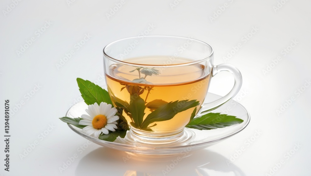 Herbal tea made with fresh chamomile flowers on a plain white background Herbal tea made with fresh chamomile flowers on a plain white background