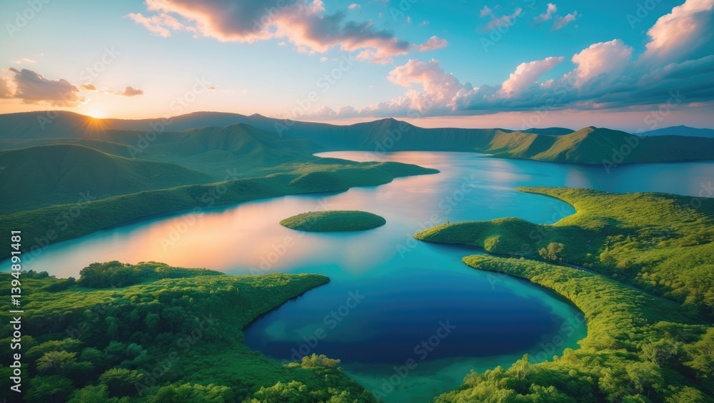Fototapeta premium Breathtaking sunset on volcanic lake - panoramic landscape
