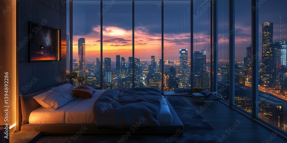 Luxurious modern penthouse bedroom with panoramic city views and contemporary design elements, at night.