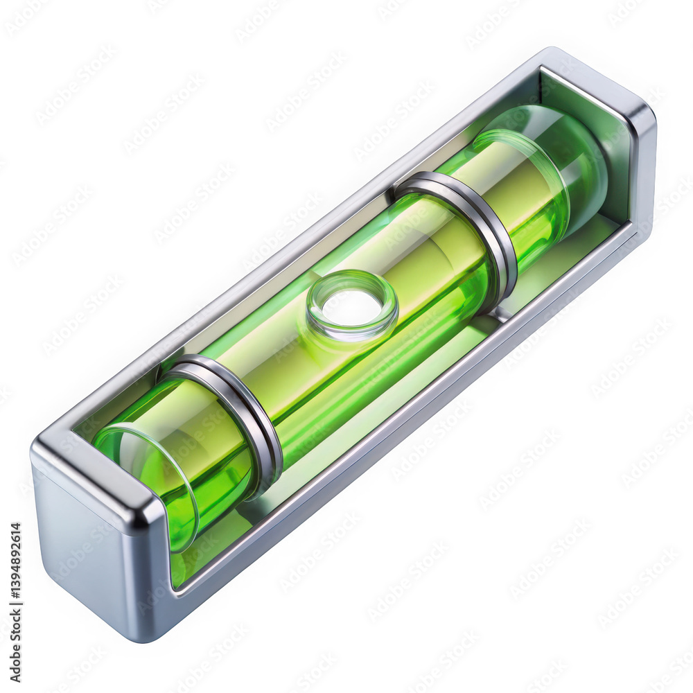 A close-up of a modern spirit level featuring a vibrant green liquid bubble, framed in a sleek metallic casing, ideal for precise leveling in construction or DIY projects. A close-up of a modern spirit level featuring a vibrant green liquid bubble, framed in a sleek metallic casing, ideal for precise leveling in construction or DIY projects.