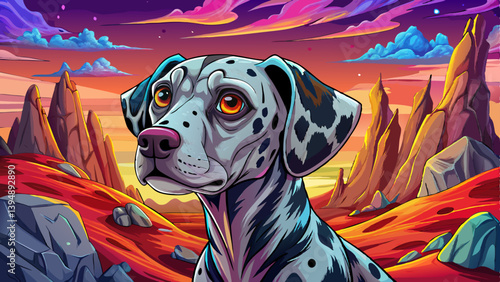 Dalmatian Dog portrait on mysterious land under a strange colored sky, animal pet banner