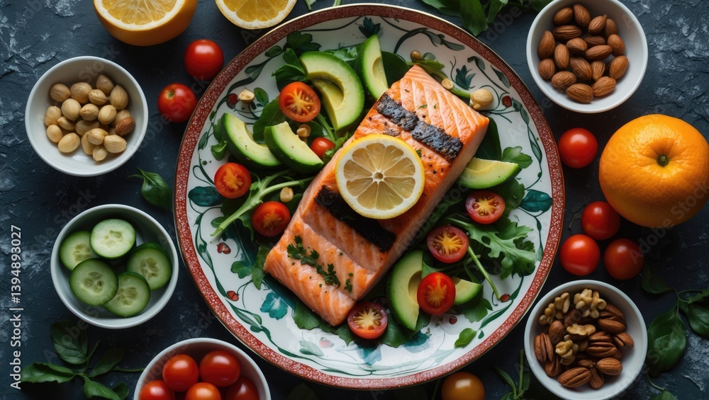 Grilled salmon fillet served with avocado and a fresh vegetable salad. Healthy eating idea. Space for text, overhead view. Grilled salmon fillet served with avocado and a fresh vegetable salad. Healthy eating idea. Space for text, overhead view.
