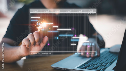 Scheduling activities with a planning software, Corporate strategy for finance, operations, sales, marketing. Project manager working with Gantt chart schedule to plan tasks and deliverables.