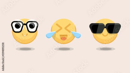 Expressive Emoji Set: Glasses, Laughing, Cool Vector. Three unique emoji faces with glasses, tears of joy, and sunglasses on a light background, perfect for digital communication.