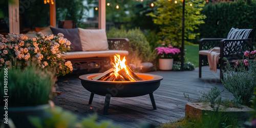 Modern fire pit on small garden terrace with garden furniture on warm summer evening.