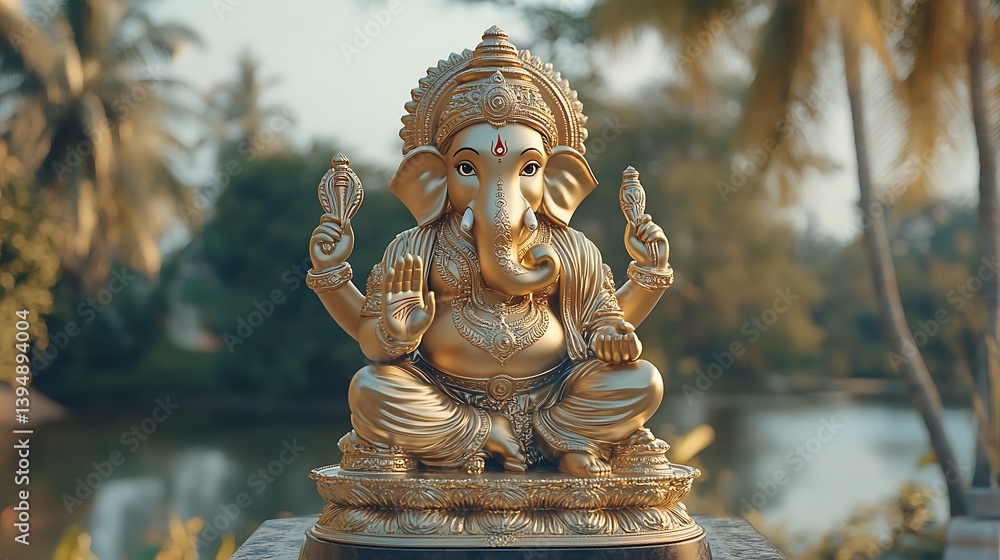 Fototapeta premium Golden Ganesha Statue by the Lake