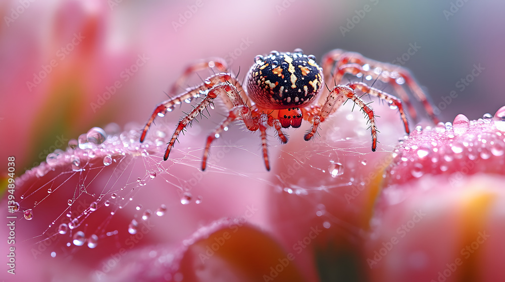 Macro photography of a spider weaving its intricate web between flower stems, each delicate silk strand glistening with morning dew.