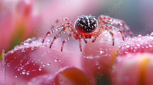 Obraz na płótnie Macro photography of a spider weaving its intricate web between flower stems, each delicate silk strand glistening with morning dew. w salonie