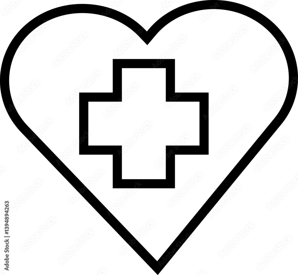 Obraz premium Heart with medical cross icon – cardiology support, heart care, emergency aid and wellness symbol vector with transparent background