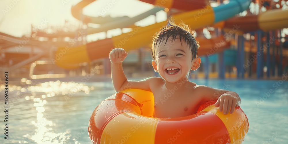 Child holding an inflatable ring in swimming pool in water park. Little child having fun on family summer vacation in tropical resort.