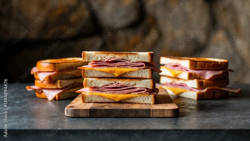 An appealing display of ham and cheese sandwiches, halved and elegantly arranged on a dark concrete table with a backdrop An appealing display of ham and cheese sandwiches, halved and elegantly arranged on a dark concrete table with a backdrop